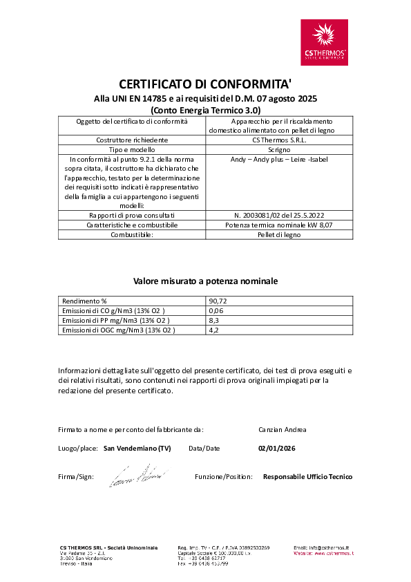 ATTESTATO DEL PRODUTTORE CONFORMITA' CONTO TERMICO 3.0